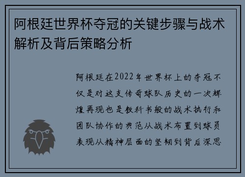 阿根廷世界杯夺冠的关键步骤与战术解析及背后策略分析